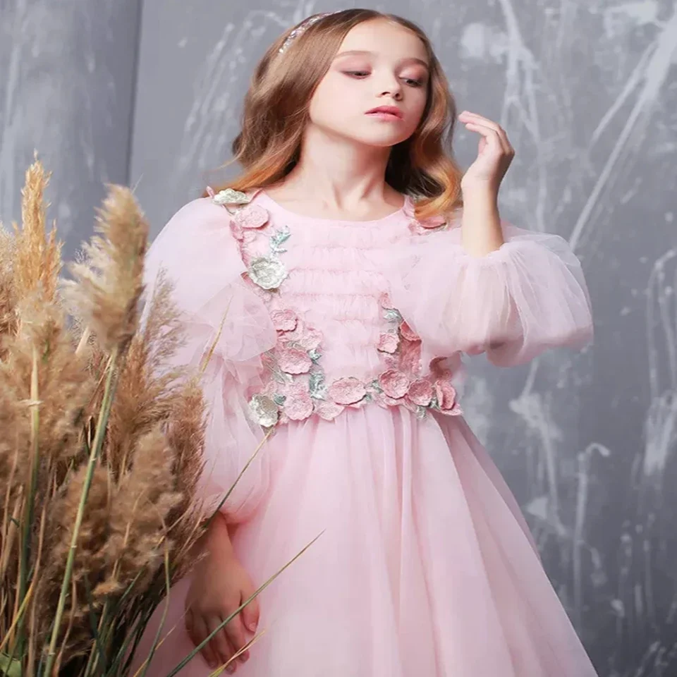 Robe à fleurs pour filles, manches personnalisées, pour mariage, col rond, robe de bal, princesse, première Communion, fête d'anniversaire, vêtements de concours