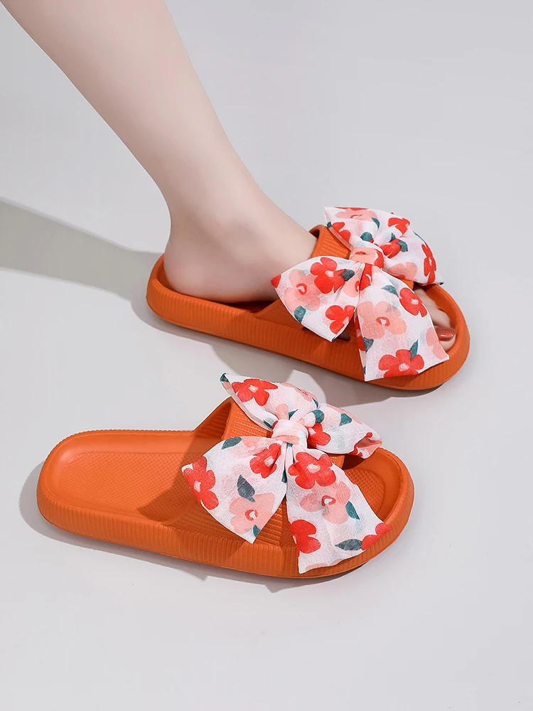 

Handmade DIY Slippers Women Summer Beach Travel Antiskid Cloud Slippers Orange Flower Bow Integrated Molding Lady Slides