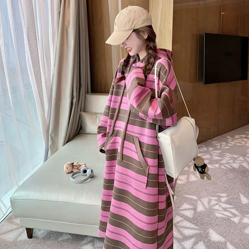 Belle robe mi-longue rayée Patchwork sweats robe Femme automne hiver surdimensionné décontracté robes amples femmes vêtements t-shirt Dres