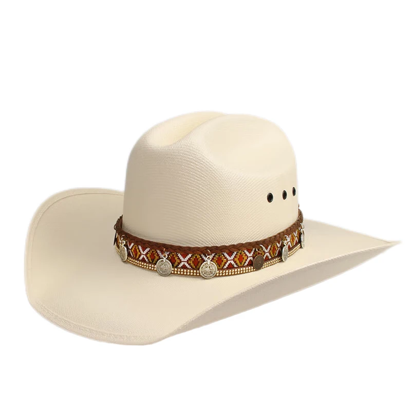 

Men Women Retro Tibetan Pattern Style Yellowstone Beach American Western Cowboy Cowgirl Sun Hat Pinch Front Wide Brim 57-61cm