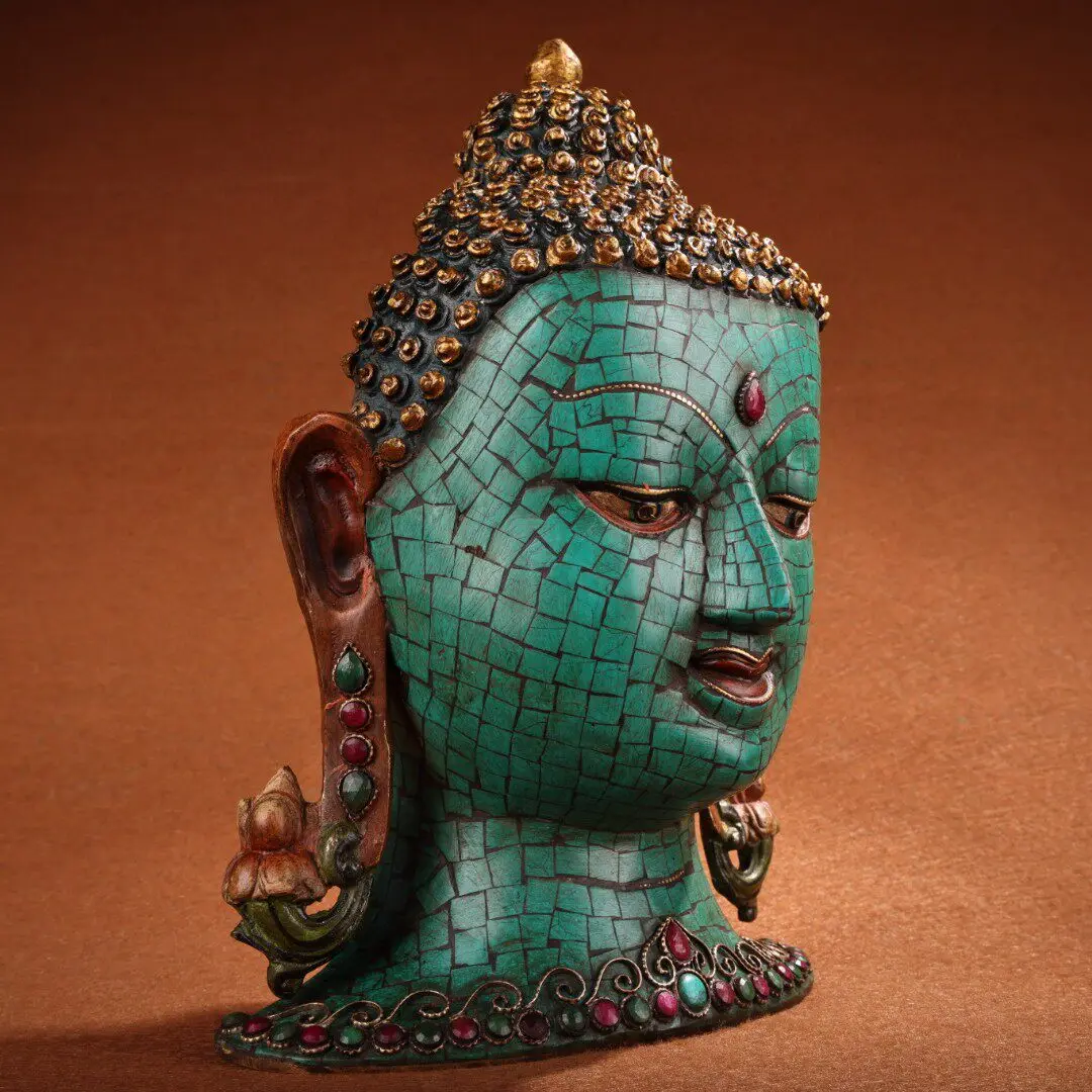 Nepal Pure Copper Shakyamuni Buddha Head Bust Gem Inlaid Home Altar Decor Tibetan Buddhist Statue