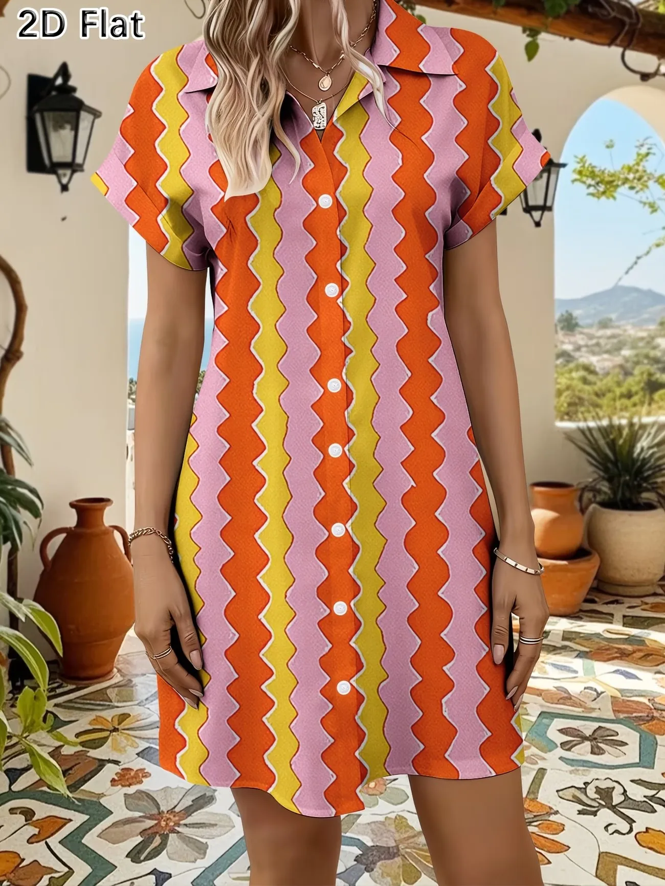 Women's Summer Fashion Shirt Dress Turn-down Collar Short Sleeve Casual Button-Up One-piece Shirt Dress
