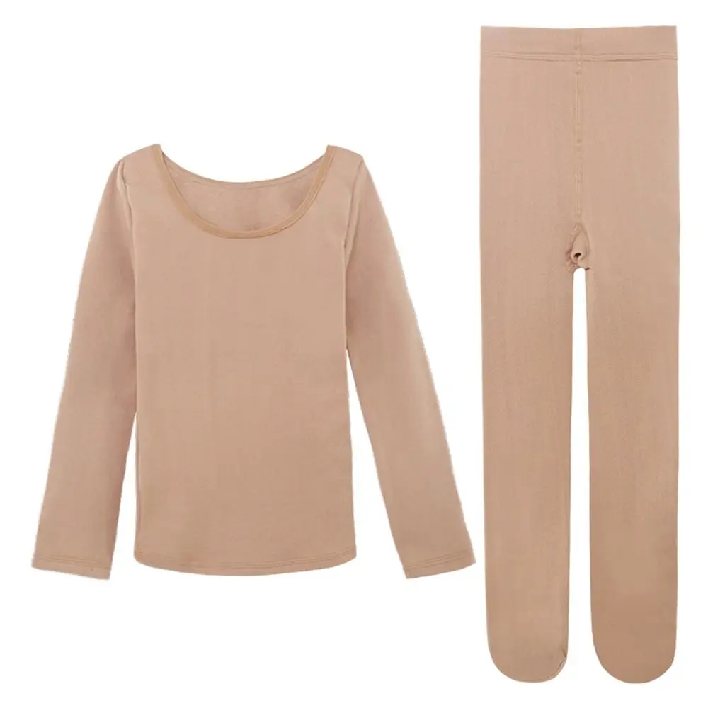 Fashion Winter Kids Thermal Underwear Suits Stretch Nude Color Dance Tights Fleece Warm Leotard