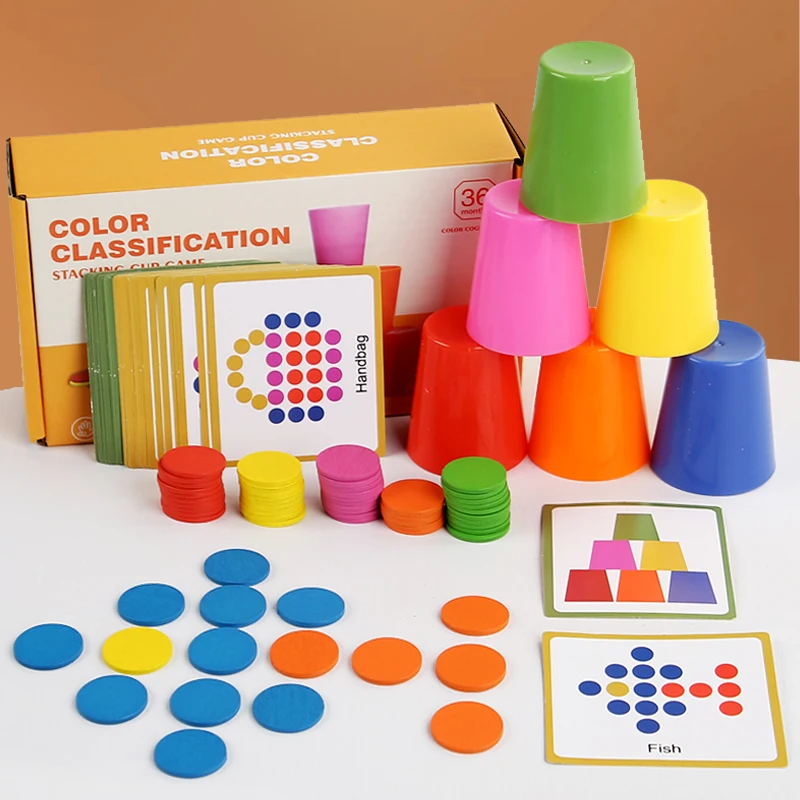 Jeu de tasses empilables pour enfants, jeu de classification des couleurs amusant, entraînement à la pensée logique, jeu de table d'association, jouets éducatifs pour enfants