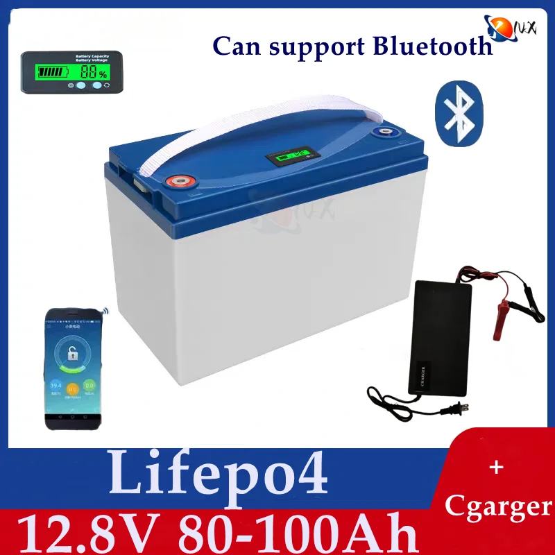 YNX lifepo4 12.8v 12V 100AH 80Ah lithium battery bluetooth BMS APP forcaravan fish boat Inverter Portable power RV +10A charger