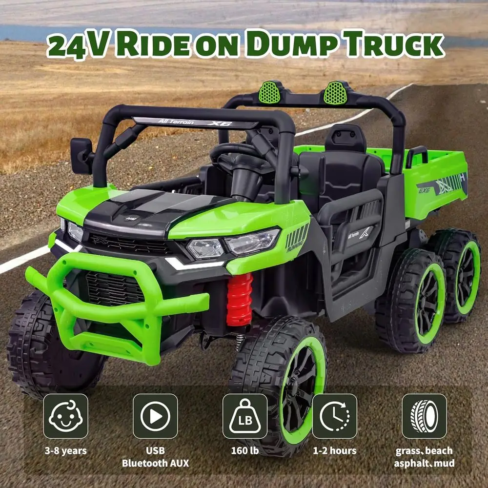 24V UTV 2 Seater Dump Truck with Remote Control, Electric Dump Bed, 4WD Power Ride on Truck Cars 6x6 Wheels, Music, Storage Trun