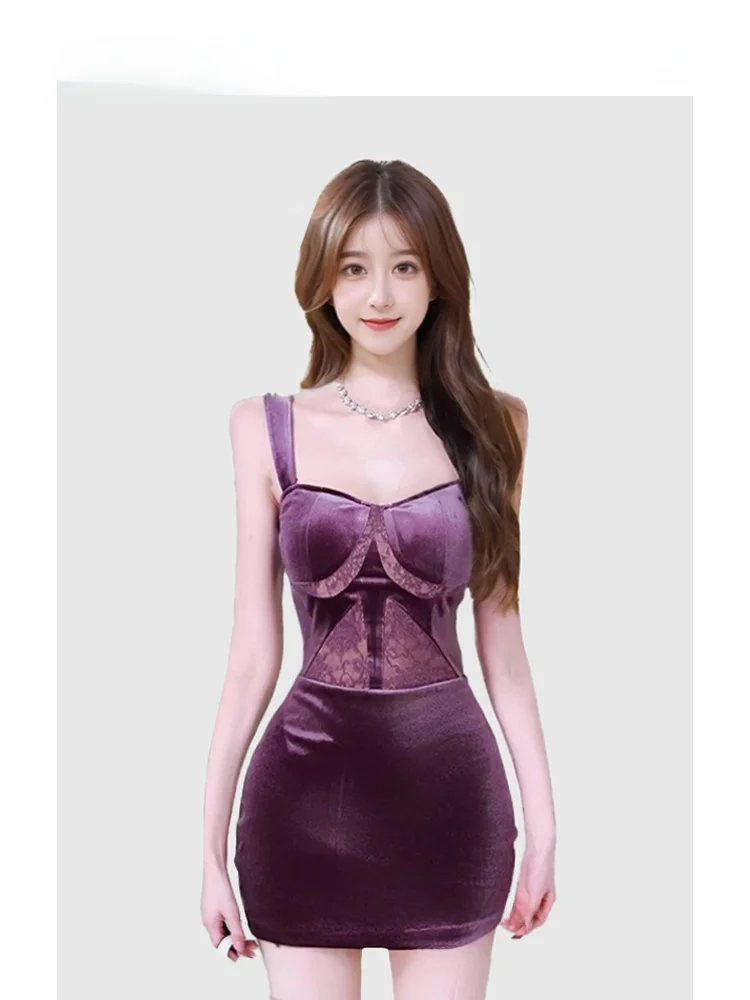 

HEZA Velvet Lace Patchwork Belted Sexy Women's Dr Korean Sle Slim Fit ort Skirt Autumn Winter Faion plus Size Dr