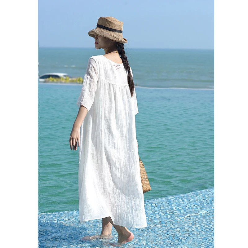 2024 New Arrival Summer Women Casual Loose Short Sleeve O-neck Dress Arts Style Hollow Out Design Cotton Linen Mid-calf Dresses