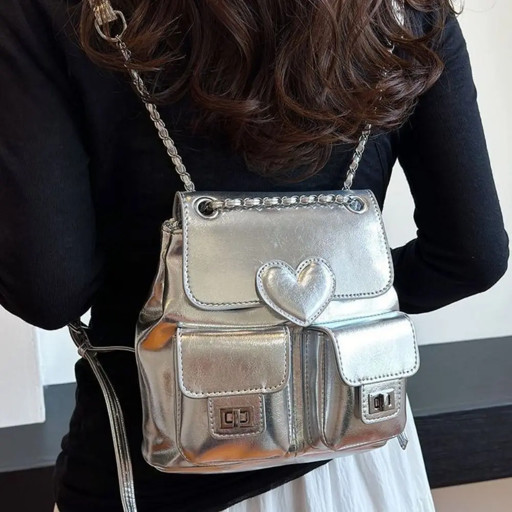 Versatile Silver Backpack Chain Solid Color Bookbag Heart Large Capacity Rucksack