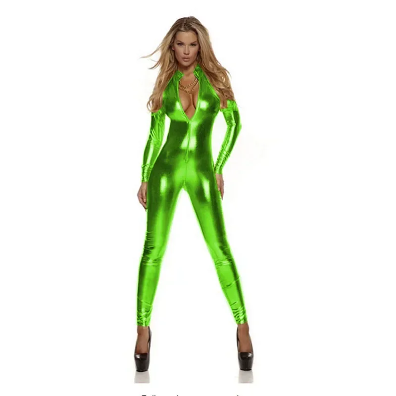 Long Sleeve Zentai women zipper high neck stretchy jumpsuit sexy shiny metallic catsuit pole dancing clubwear Halloween costume