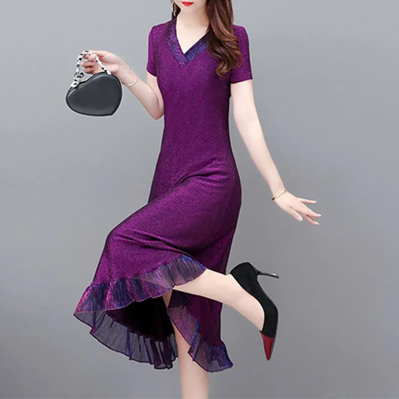 

2023 New Summer Fashion Patchwork Solid Color V-neck Short Sleeve Vintage Dress Ladies Fashionable Pleated Ruffles Slim Dresses