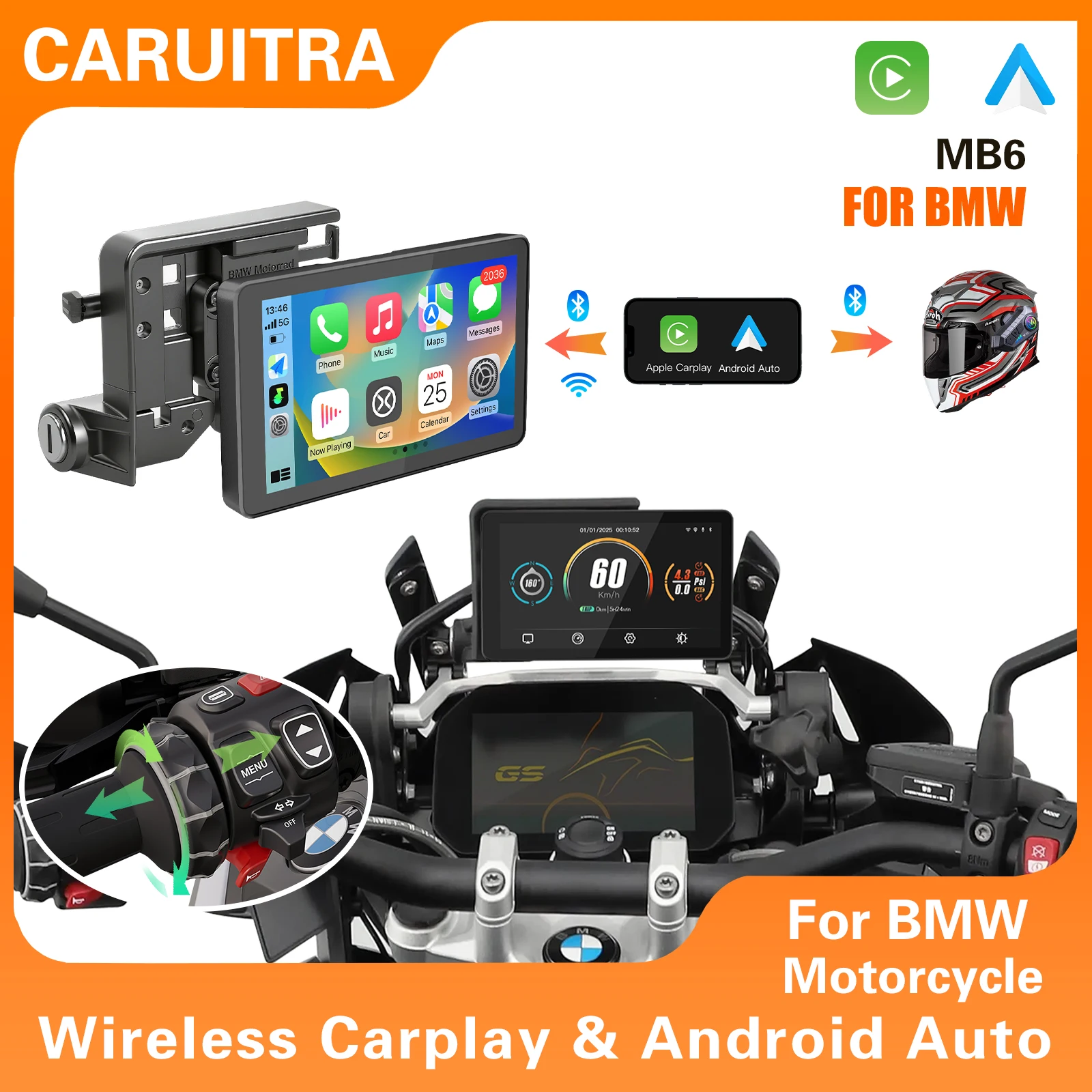 

CarPlay Android Auto for BMW GS XR M1000 R1200GS R1250GS F 750 S1000XR R1300GS etc 6 inch Portable Motorcycle GPS Navigator