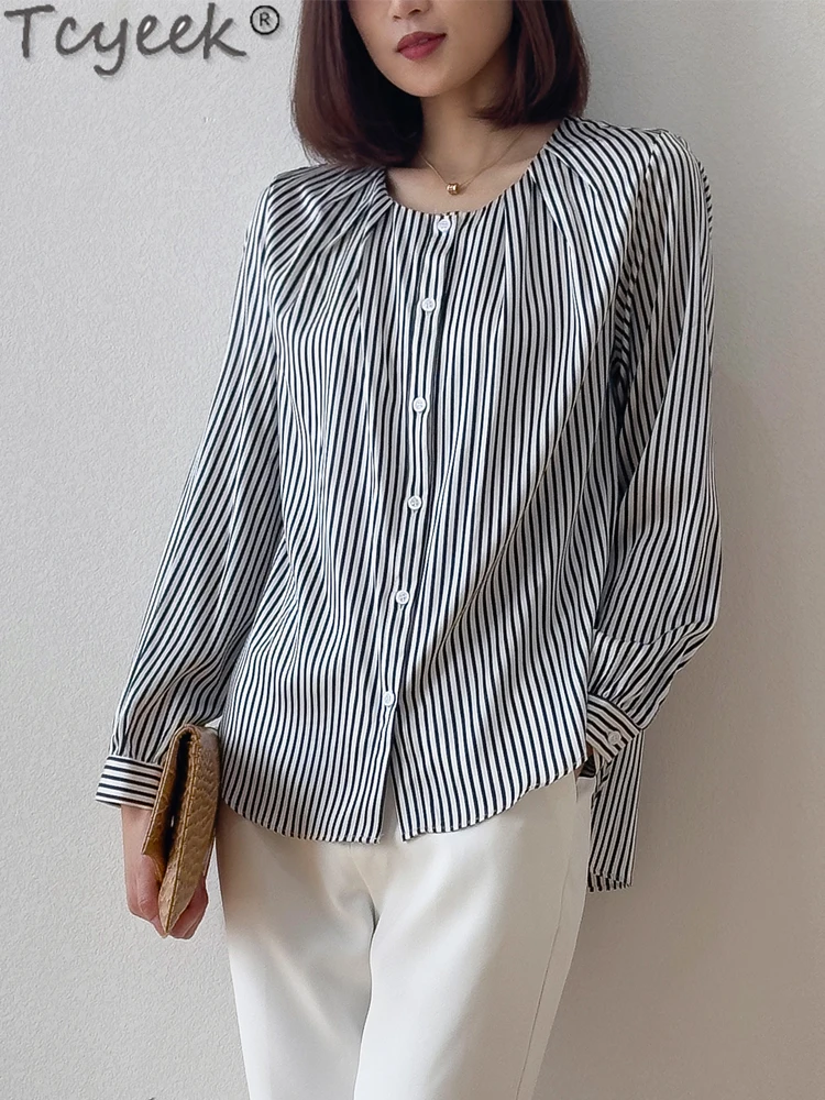 

Tcyeek 19MM 93% Mulberry Silk Shirts Spring Summer Long Sleeve Top Female Striped Fashion Shirts for Women 2024 Womens Tops