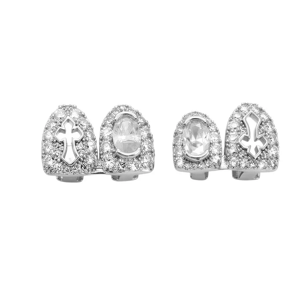 Unisex Double Teeth Hip Hop Copper Grillz Shiny Zircon Stone Tooth Caps Unique Hollow Cross Grillz Role Play Performance