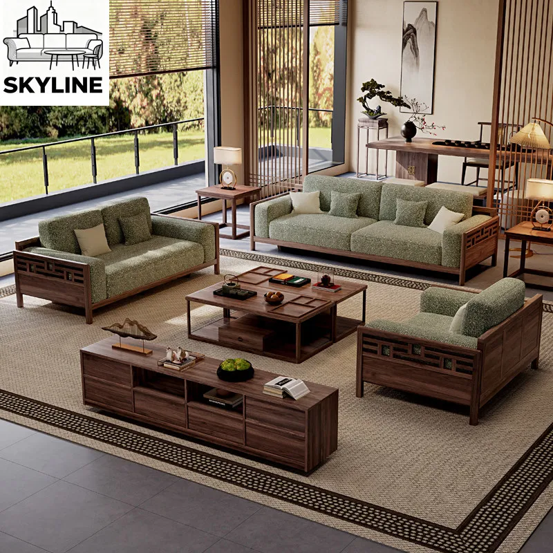 Solid wood sofa combination new Chinese living room black walnut straight sofa