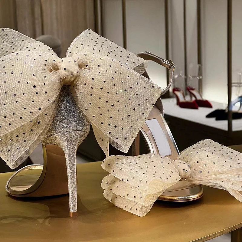 2023 nowe buty damskie Ivory modne Bling Bling Design Mesh Bow sandały z odkrytymi palcami damskie sandały na wysokim obcasie okrągłe Toe