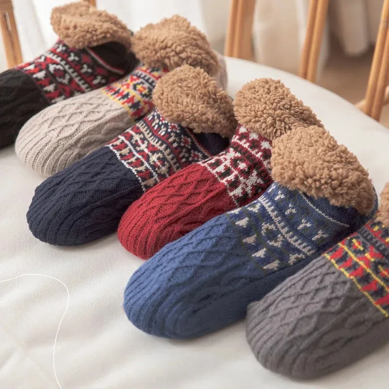 Indoor Winter Slippers Socks Men's Floor Socks Home Bedroom Sleeping Socks Non-slip Knitted Adult Plus Fleece Warm Carpet Sox