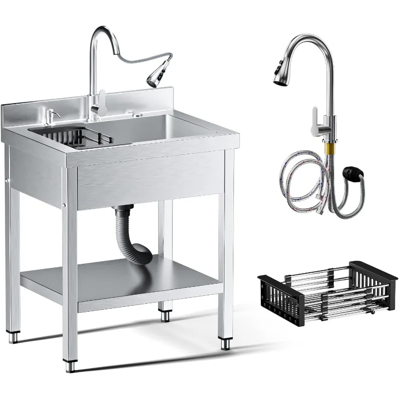حوض المرافق القائم بذاته مقاس 28 بوصة، حوض غرفة الغسيل من الفولاذ المقاوم للصدأ شديد التحمل، أحواض المطبخ التجارية مع الماء الساخن والبارد لـ Ga
