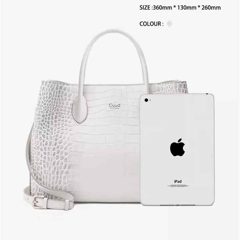 White Genuine Leather Women Handbags Briefcase Luxury Fashion Lady Shoulder Messenger Bag Crocodile Pattern Top Handle Tote Bags