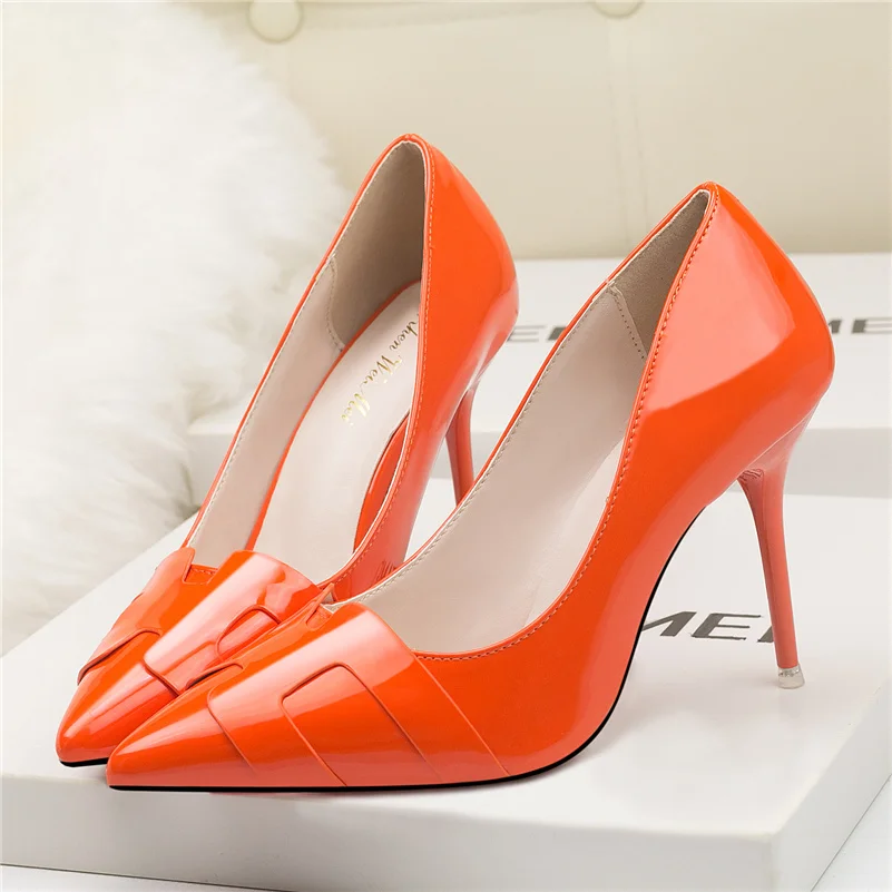 Women Fetish 9.5cm High Heels Replica Pumps Wedding Bridal Heels Orange Silver Leather Glossy Scarpins Lady Luxury Design Shoes