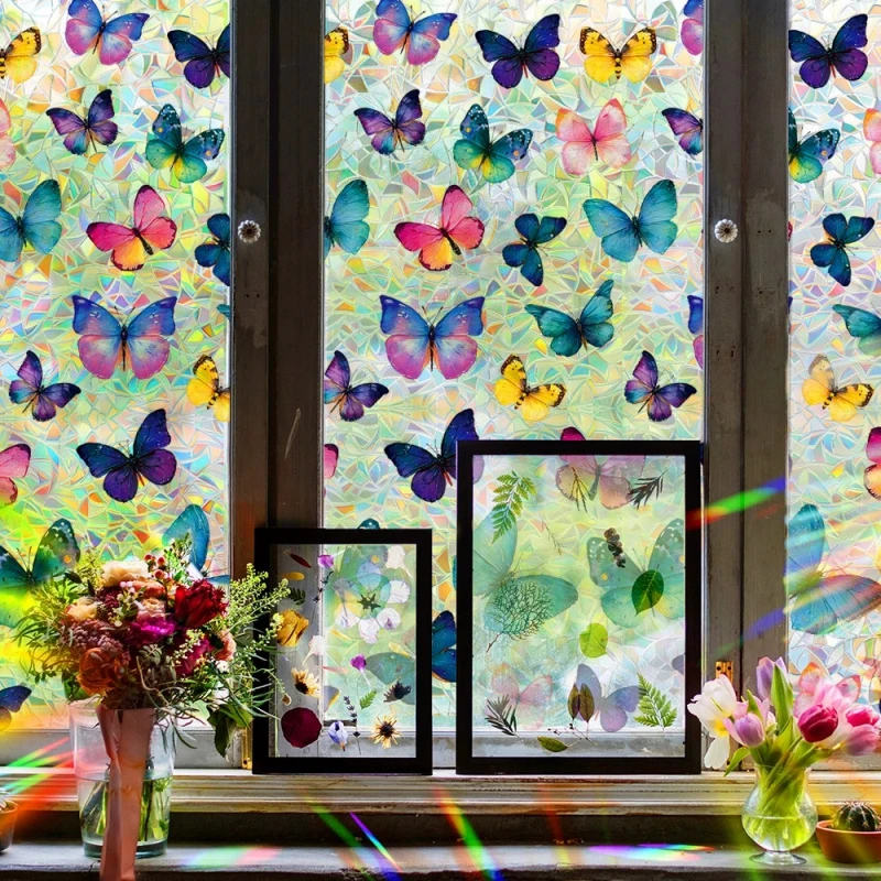 Colorful Butterfly Stained Glass Window Film, Static Cling Rainbow Prism Privacy Window Sticker, For Bathroom Bedroom Home Decor