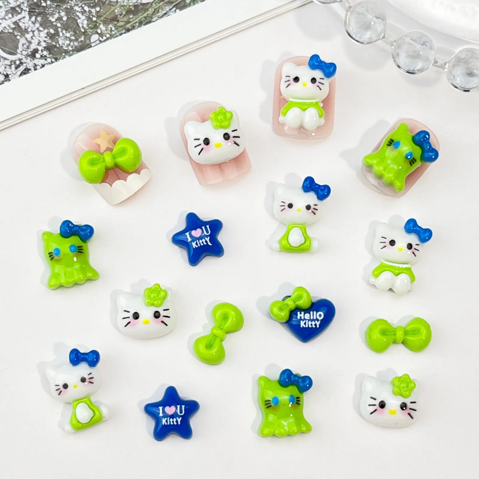 20Pcs Adorable Hello Kitty Nails Green KT Cat Cartoon Nail Accessories Charms