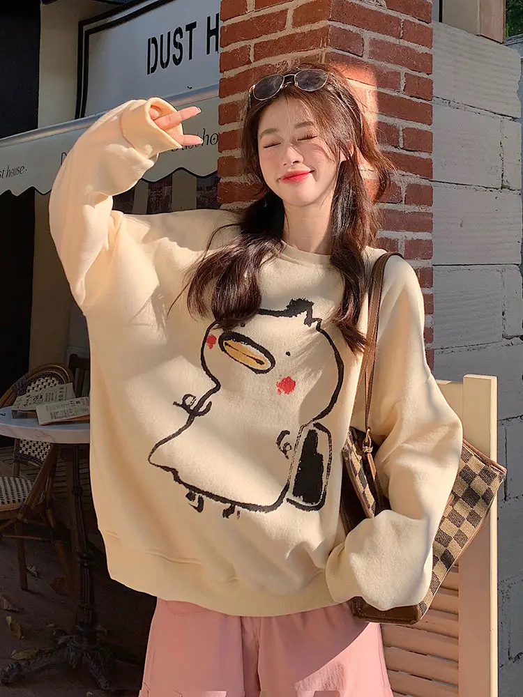 

Design niche cartoon print plus velvet thickened pullover sweatshirt women's autumn and winter loose oversize casual y2k tops