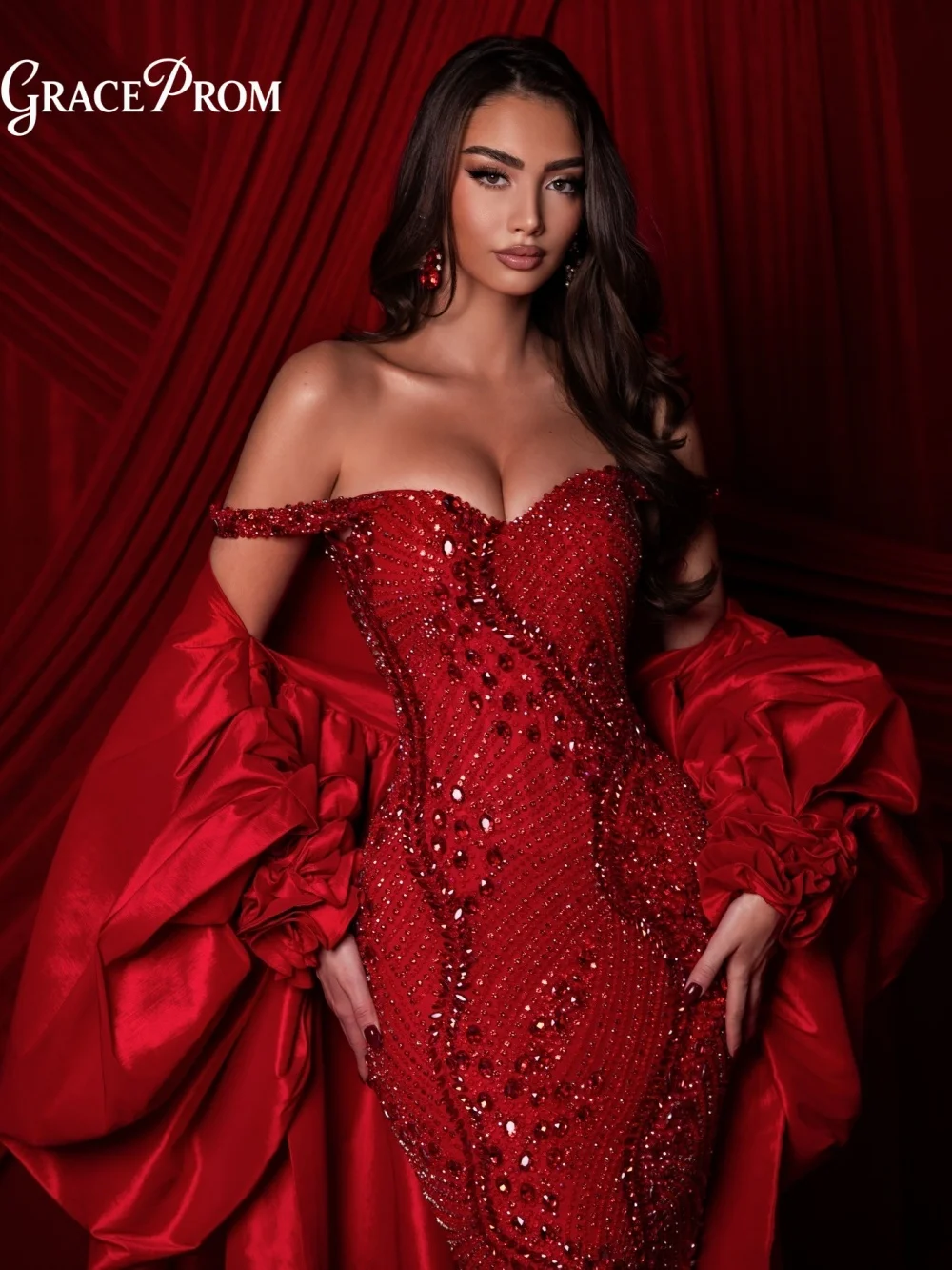 

Luxurious Red Sweetheart Neckline Off Shoulder Evening Gown Dense Crystal Beading Party Dress For Wedding Guests فساتين سهرة