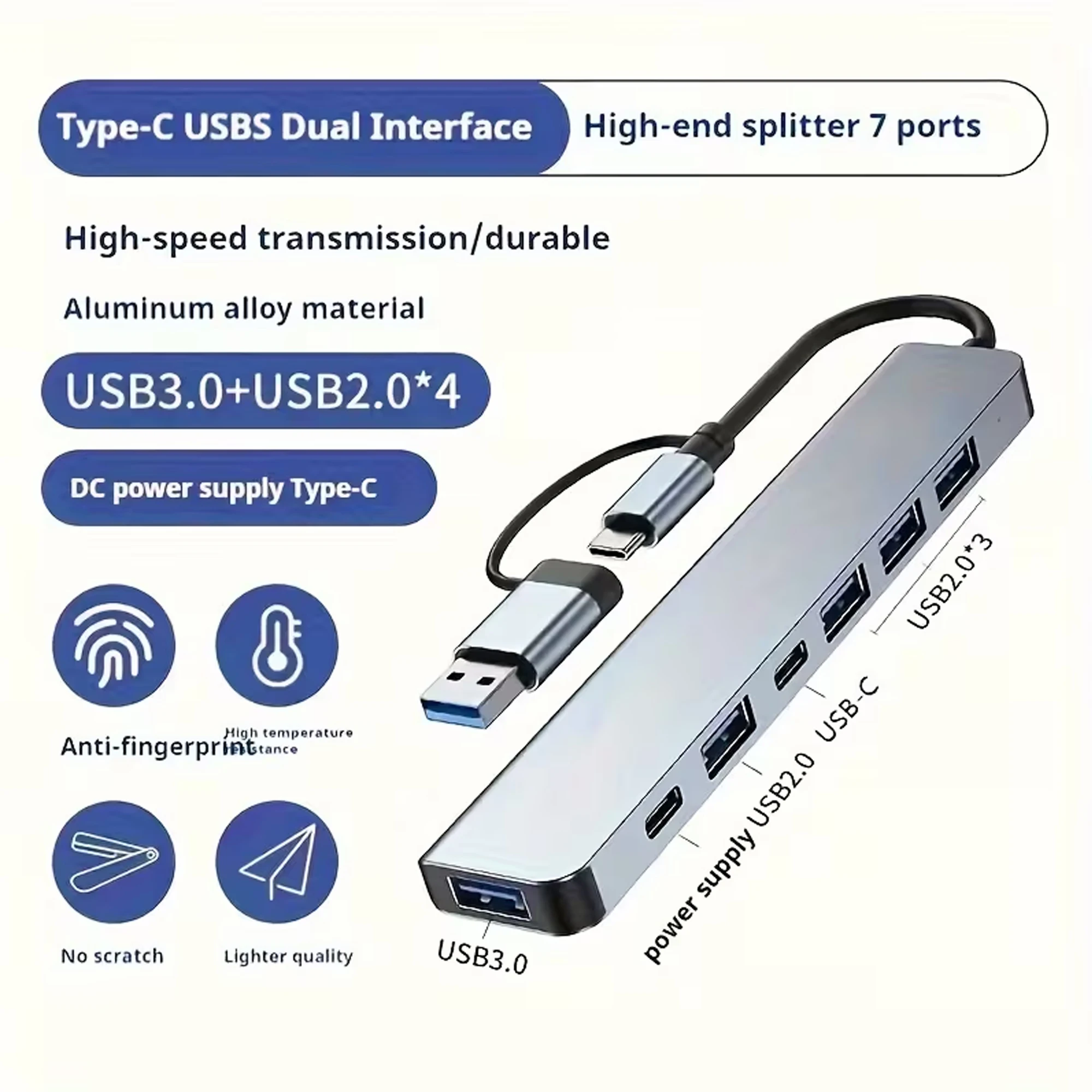 HUB7-in-1 USB C Splitter Aluminiumlegierung Dual USB-C 5 USB-A 5 Gbit/s Ultra Slim für Laptop/PS4/Xbox/Drucker/Maus/Tastatur tragbar