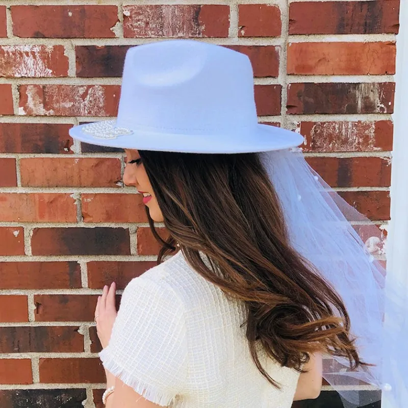 Sombrero de velo de vaquero blanco para novia, sombrero de vaquera de boda con diamantes de imitación de perlas, despedida de soltera de Bach,