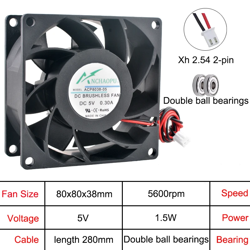

(2 шт.) Высокоскоростной охлаждающий вентилятор 80x80x38 мм, 2-контактный, с поддержкой нескольких напряжений 5В/12В/24В, для серверов, преобразователей, блоков питания ACP8038