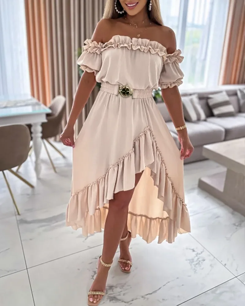 Summer Fashion Casual Dress Women Sexy Off The Shoulder Short Sleeve Ruffle Frill Hem Asymmetrical Maxi Dress