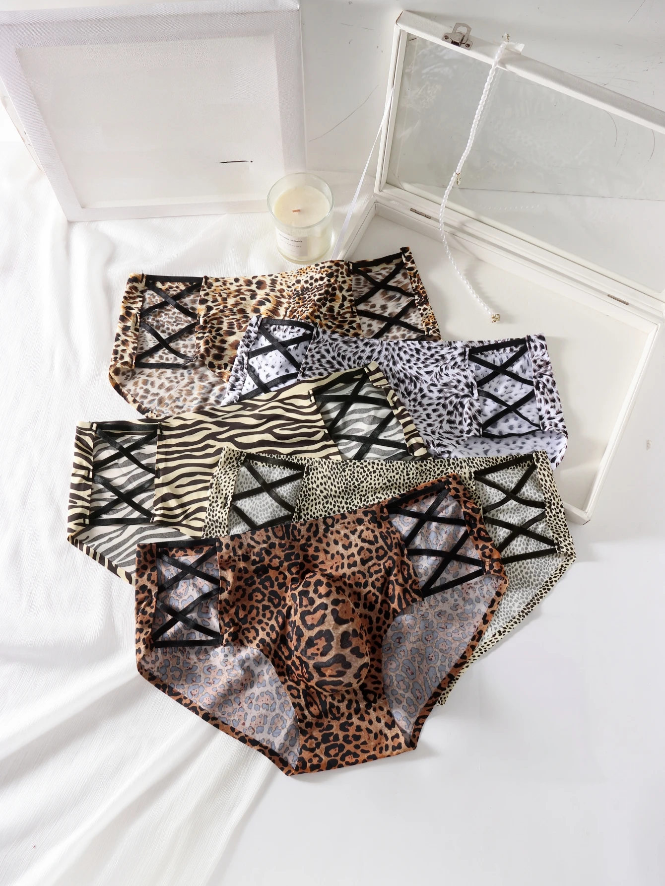 2PCS Men's Triangle Underwear Set with Leopard & Zebra Print Cross Hollow Design Breathable Comfortable Boxer Briefs