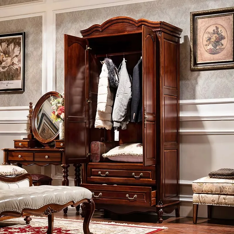 Minimalist American Solid Wood Double-Door Swing Door Wardrobe with Storage Drawers for Villa Bedroom