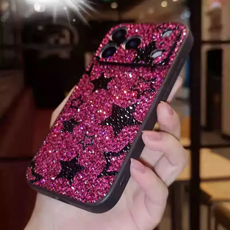 

Роскошный чехол ручной работы с розовыми стразами и звездами для iPhone 17 Pro Max, 16 Plus, 15, 14, 13 – Модный защитный чехол для телефона для девушек