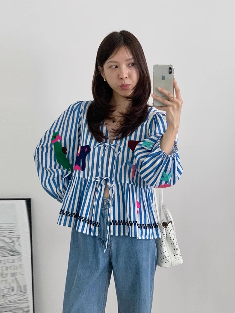 

Liangliang Cute Anti-Aging Heavy Embroidery Print Striped Women's Long Sve irt Early Autumn New Sle Retro Belted Top