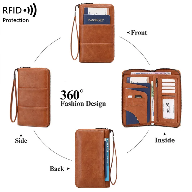 1pcs RFID Blocking PU Leather Passport Wallet with Zipper Multi-Function Travel Document Organizer for Cards Tickets Money