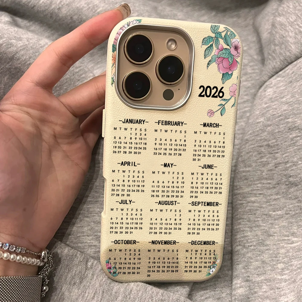 

Floral 2026 Calendar Phone Case For Samsung Galaxy S26 Ultra S25 Plus S24 FE S23 A57 A56 A55 A54 A37 A36 5G Lychee Back Funda