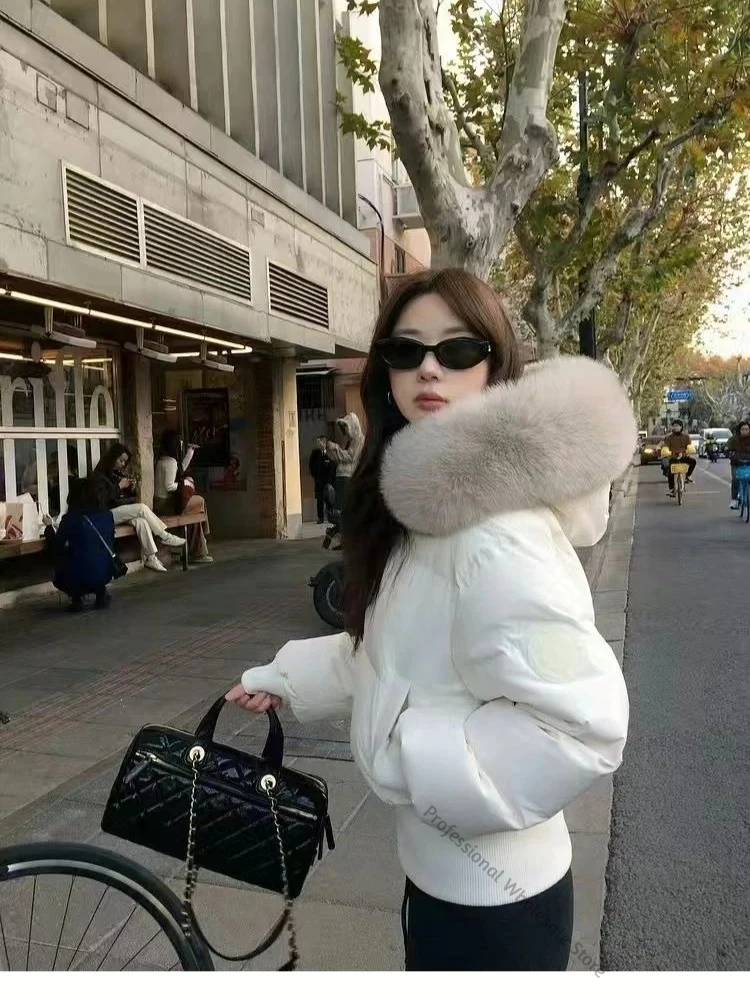 Women Short Winter Coat Fur Trim Hood Drawstring Waist Side Pockets Loose Fit Outerwear Cold Climate Casual Everyday Outfit