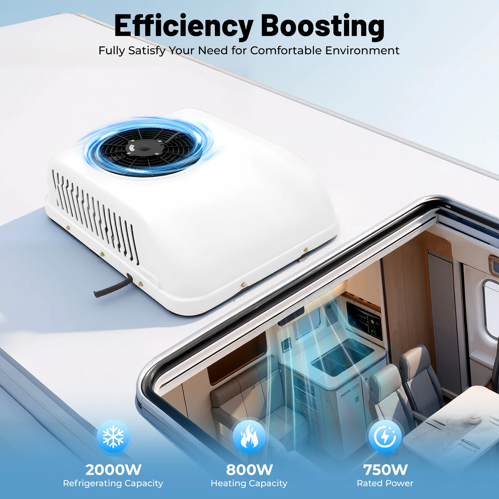 

750W 12V RV Rooftop Air Conditioner 6000BTU Electric AC Unit with Dual Shaft Copper Motor Cooling and Heating for Motorhome Camper Van Truck Bus