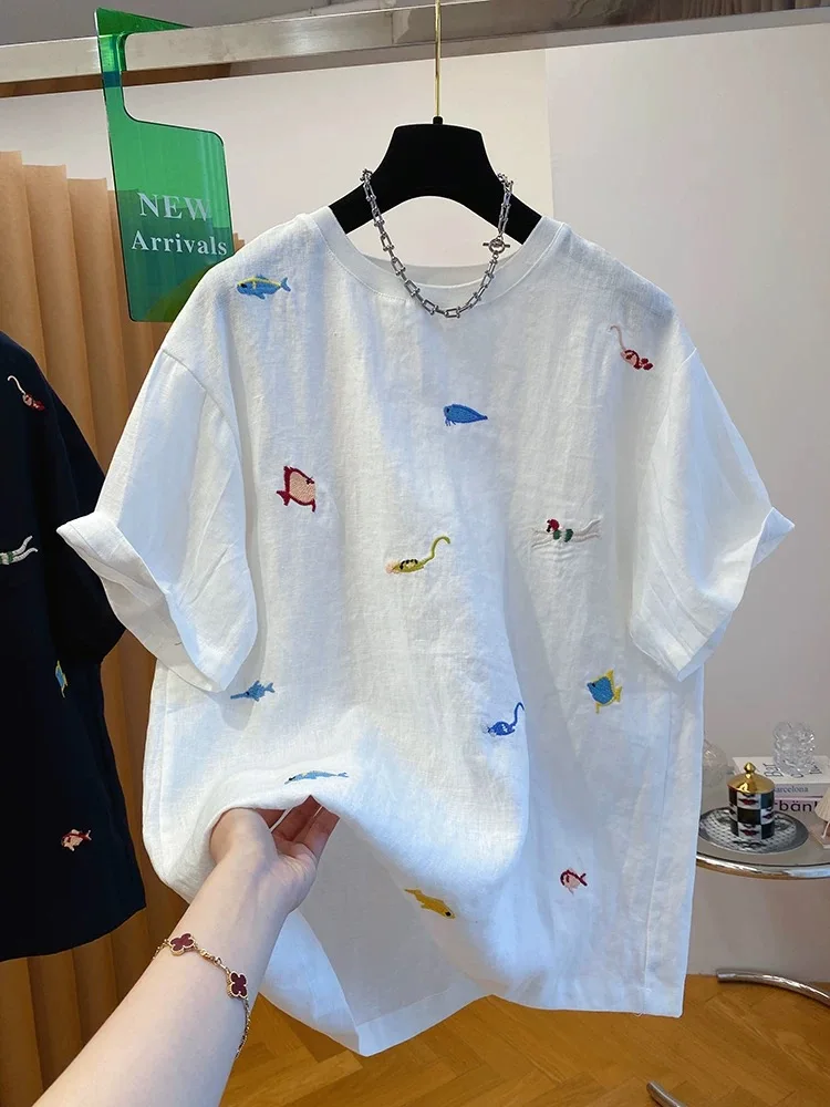 Summer new style large size women's natural linen T-shirt European and American loose pullover round neck cotton and linen casua