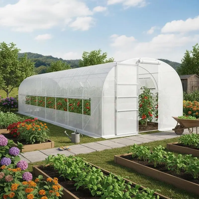 Gartentunnel-Gewächshaus 24m², Garten-Tunnelgewächshaus mit verzinktem Stahlrahmen, Türen und 2 großen Fenstern, weiß