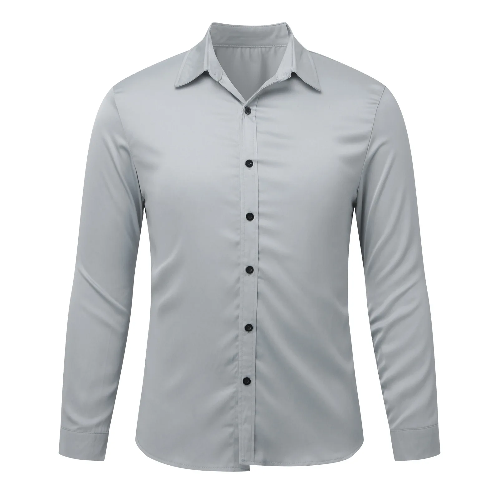 Autumn Clothing Men\'s Light Luxury Dress Shirt Business Leisure Long Sleeve Button-down Drapped Solid Color Basic Shirt S-2XL