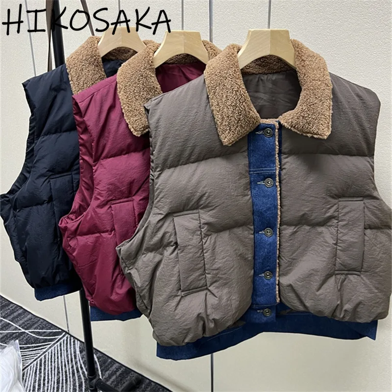 

Lamb Woolen Turn-down Collar Denim Patchwork Autumn Winter Jackets Women Fashion Casual All-match Vest Single Breasted Loose Top