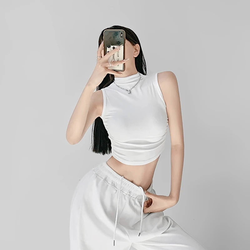 Hot Girl Half Turtleneck Slim Sleeveless Vest Women's Summer Style Versatile Slim Navel-baring Short Top