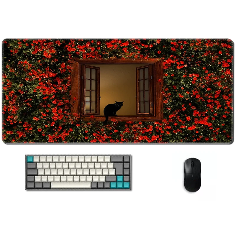 

Black Cat Wall Flower Mouse Pad Large Gamer Mousepad Gaming Computer Nonslip Deskmat Office Accessories Mechanical Keyboard Mat