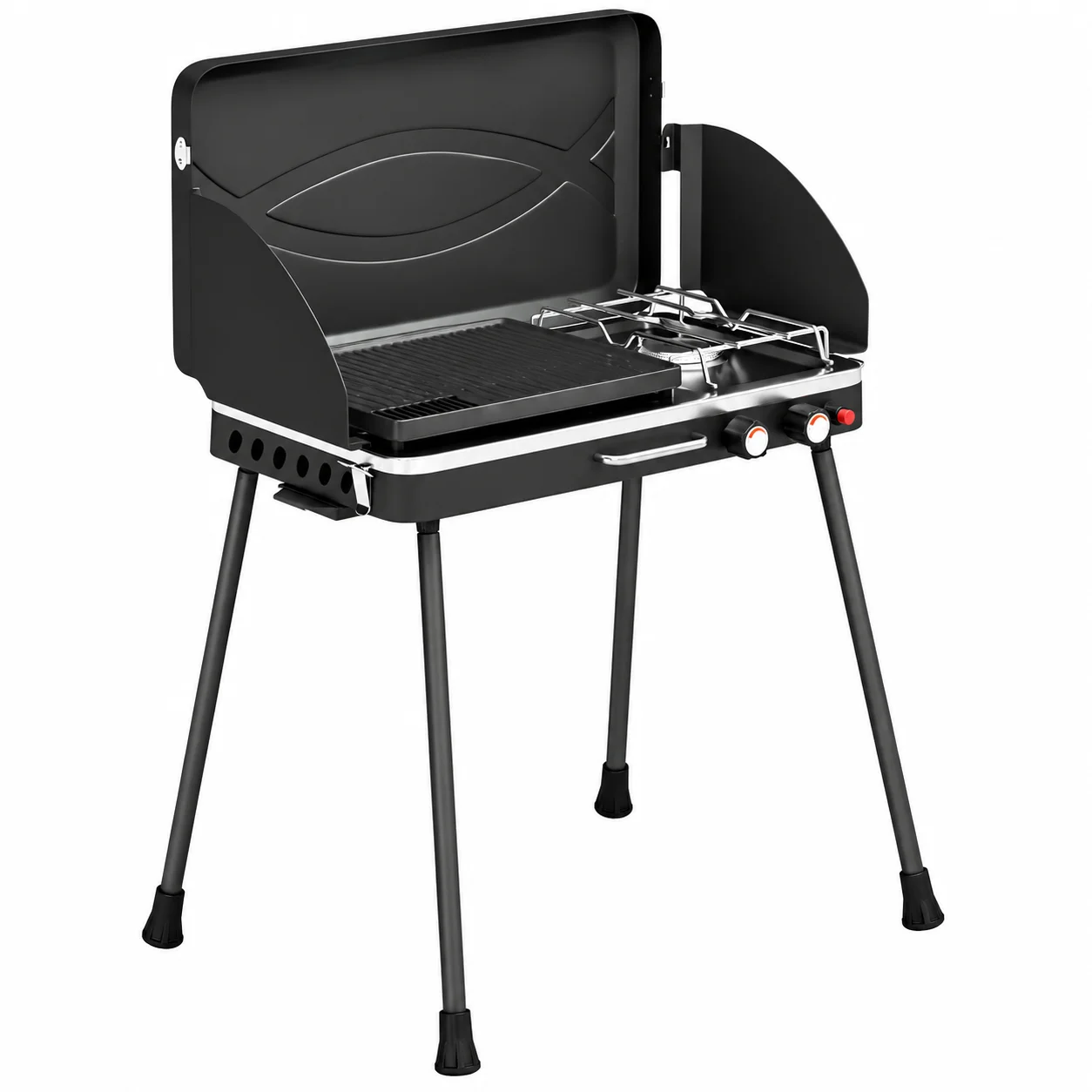 Tragbarer Gasgrill 2 Brenner 7 kW 2-in-1 Tischgrill mit Klappbeinen, Grillplatte, Windschutz, Deckelverriegelung, für Camping und Outdoor-Kochen