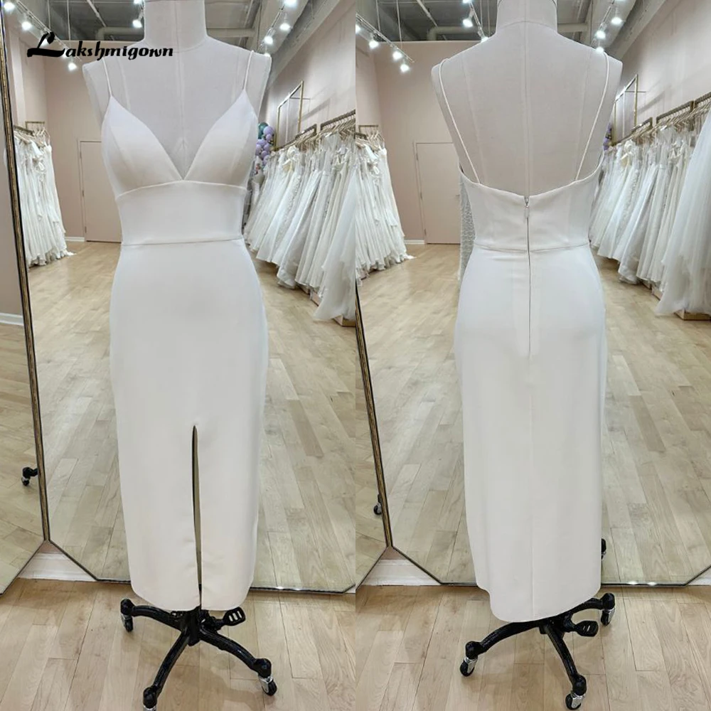 

Simple Sexy V Neck Split Spaghetti Straps Backless Satin Ankle-Length Mermaid Wedding Dress Boho Bridal Gowns Sweep Vestido Robe