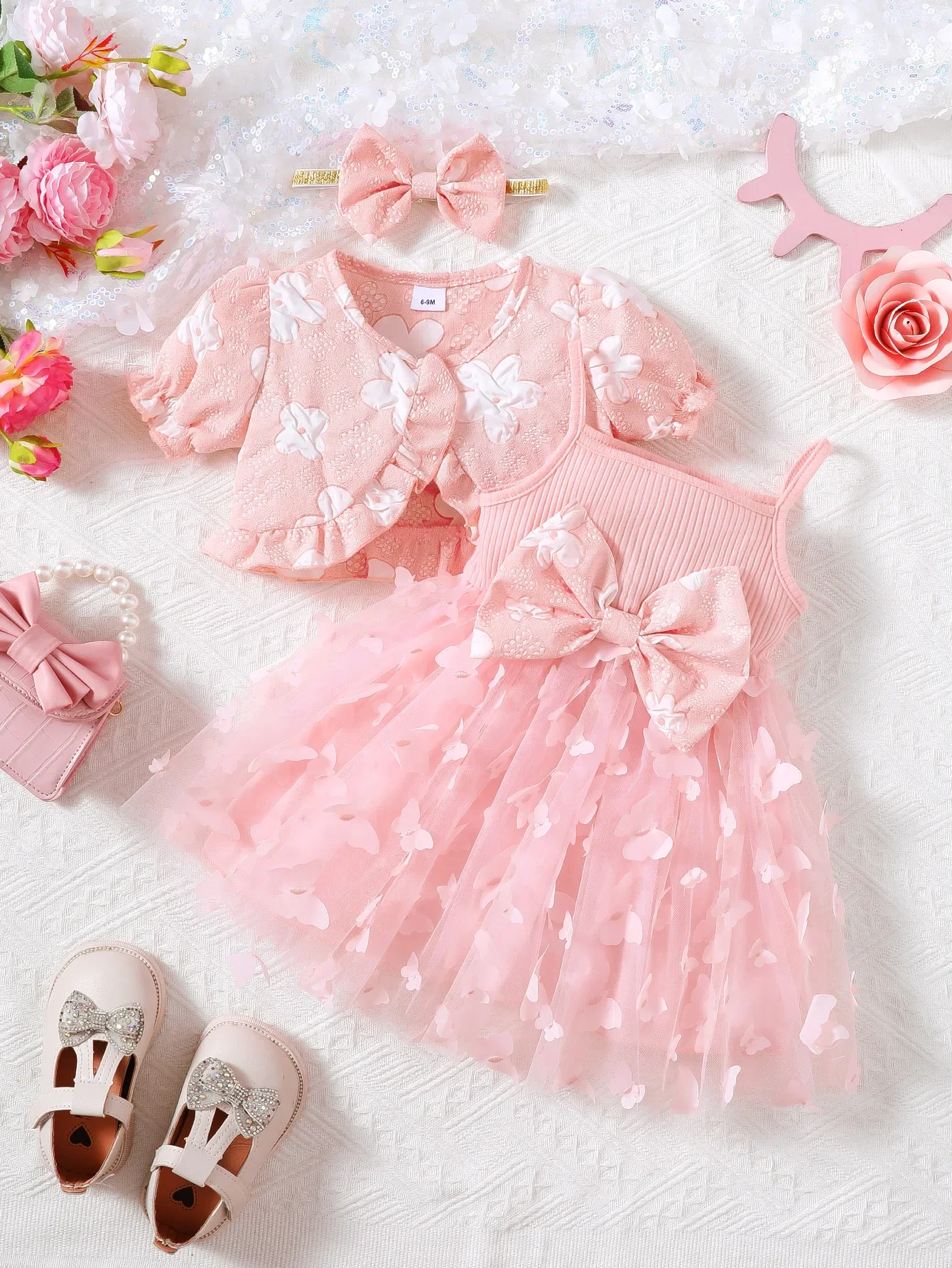 1-3 Years Infant Baby Girl Dress Set Short Sleeved Cardigan+Camisole Gauze Skirt with Bow Birthday Party 3PCS Outfis for Toddler