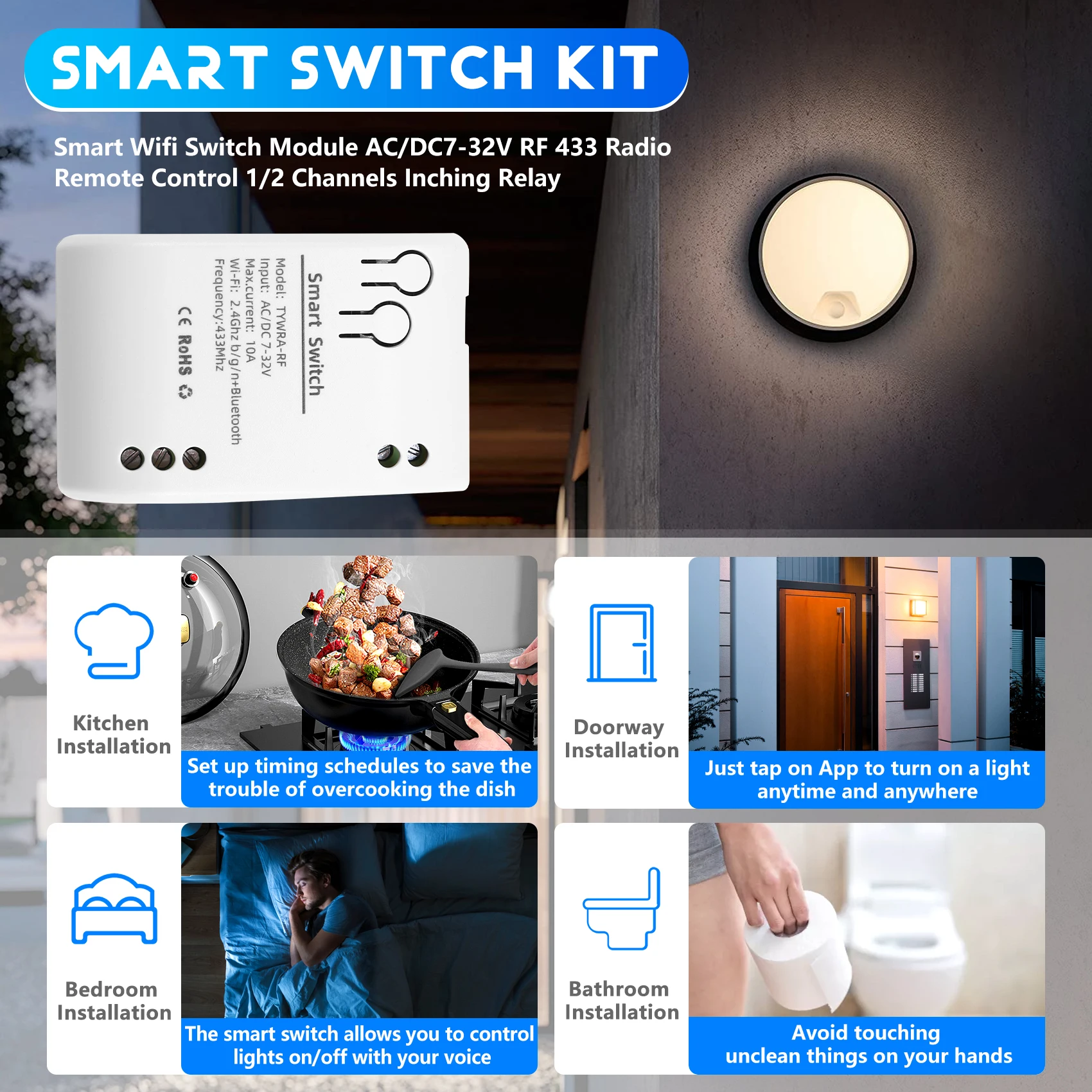 Moduł przełącznika WiFi Tuya Smart AC/DC7-32V RF 433 Radiowy Pilot Zdalnego Sterowania 1/2 Kanały Przekaźnik Inching dla Alexa Smart Home-Y41A